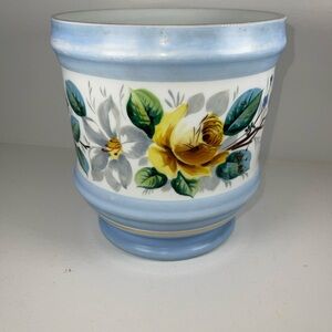 Vintage Milk Glass planter Westmoreland Style 1950s Cachepot floral hand painted